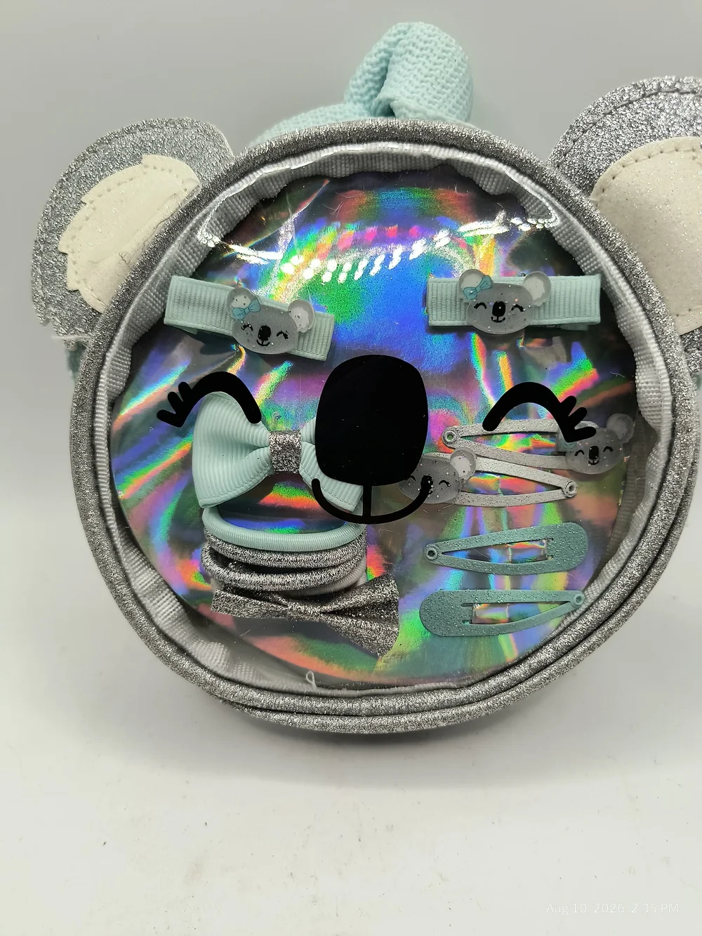 Kids Silver Clear Holographic Koala Hair Accessory Set And Carry Bag Light Blue